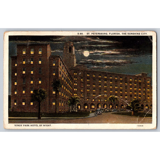 St Petersburg FL Florida Vinoy Park Hotel Night 1930s White Border Postcard Used