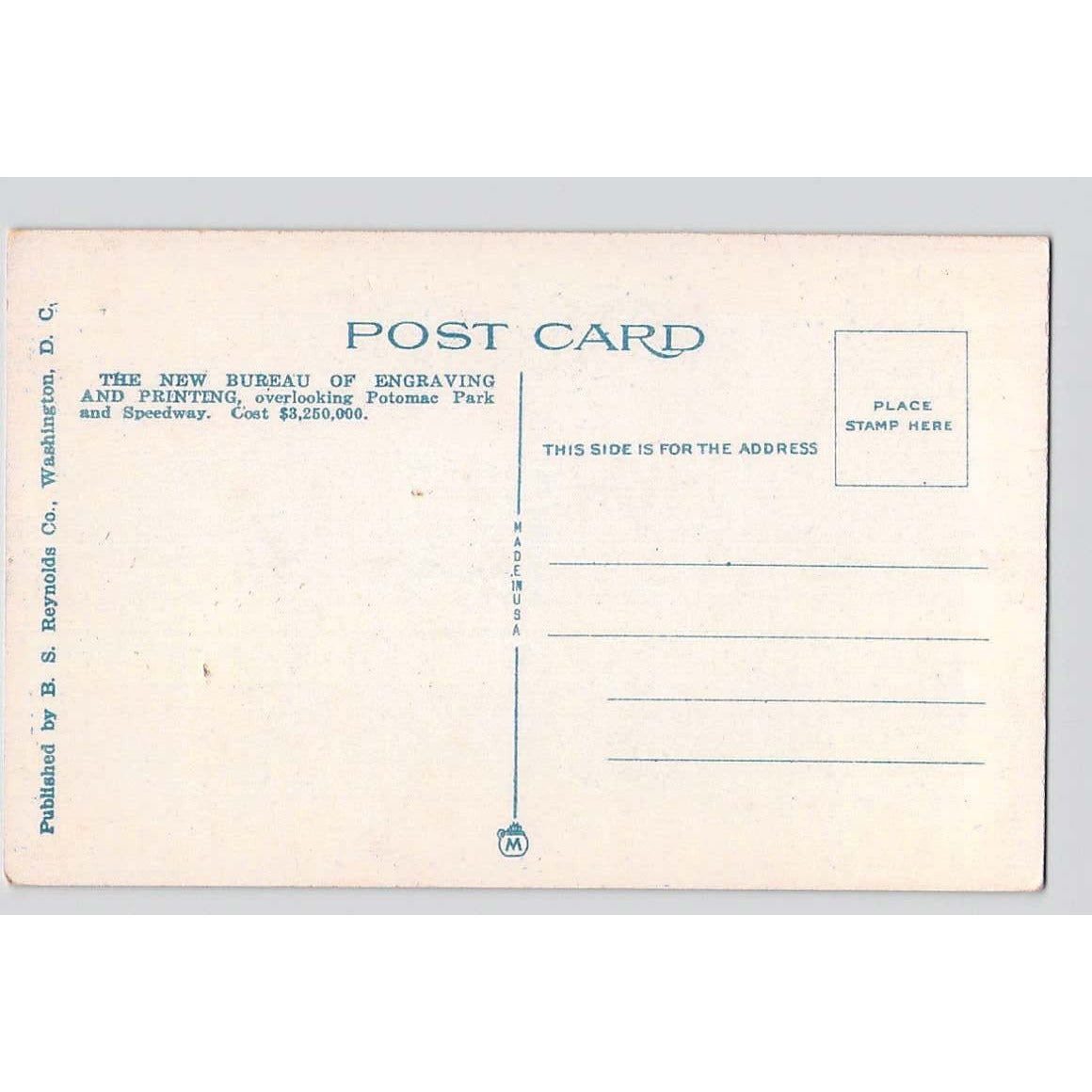 Washington DC New Bureau & Engraving 1920s White Border Postcard Unused