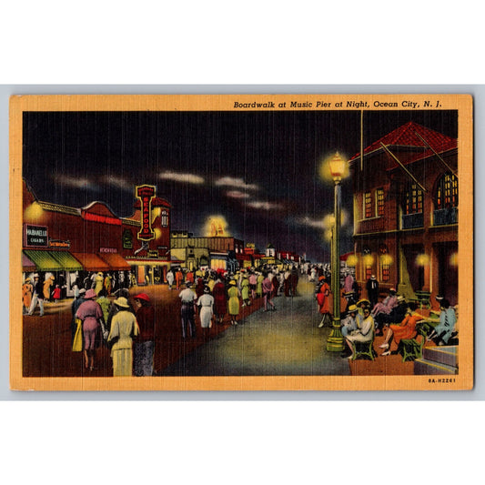 Ocean City NJ New Jersey Boardwalk At Music Pier Night Scene 1953 Postcard
