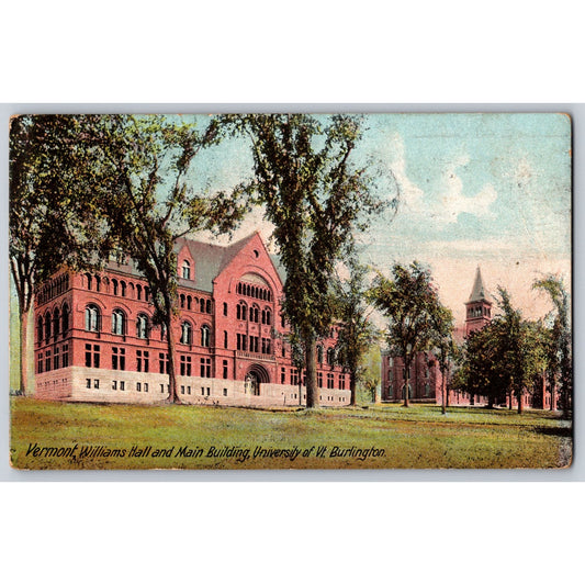 Postcard VT Vermont Williams Hall Main Building University Of VT Burlington 1908