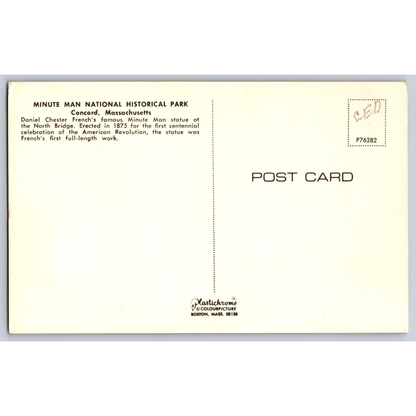 Concord MA Massachusetts Minuteman National Park Chrome Postcard Unused