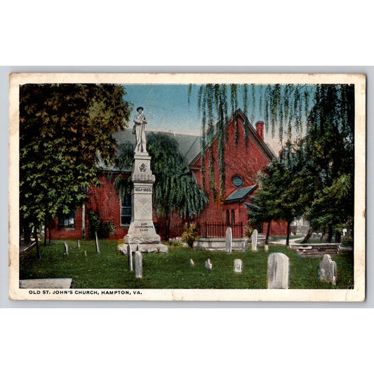 Hampton VA Virginia Old St John's Church Confederate Statue 1920s Postcard