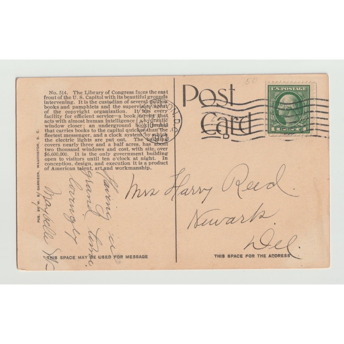 Washington DC Library of Congress 1913 White Border Postcard Used