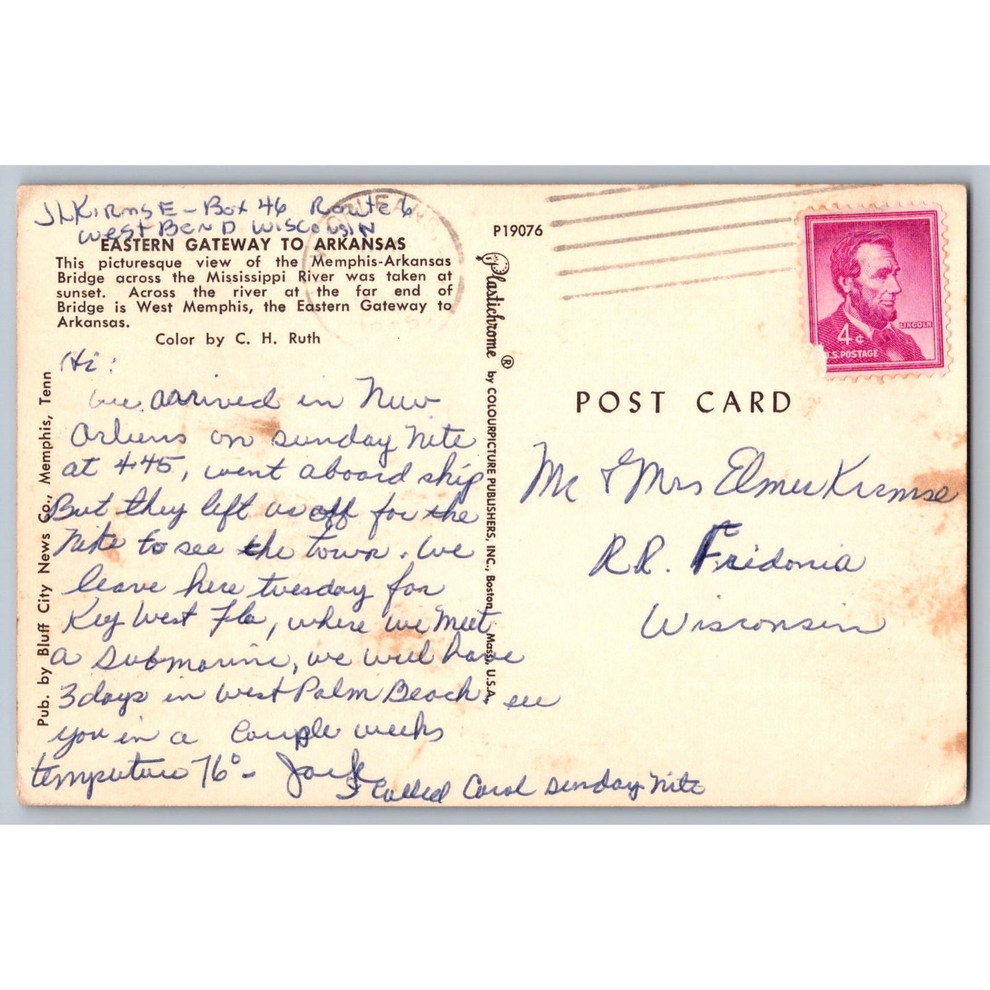 Postcard AR Arkansas Memphis Eastern Gateway to Arkansas Chrome Used