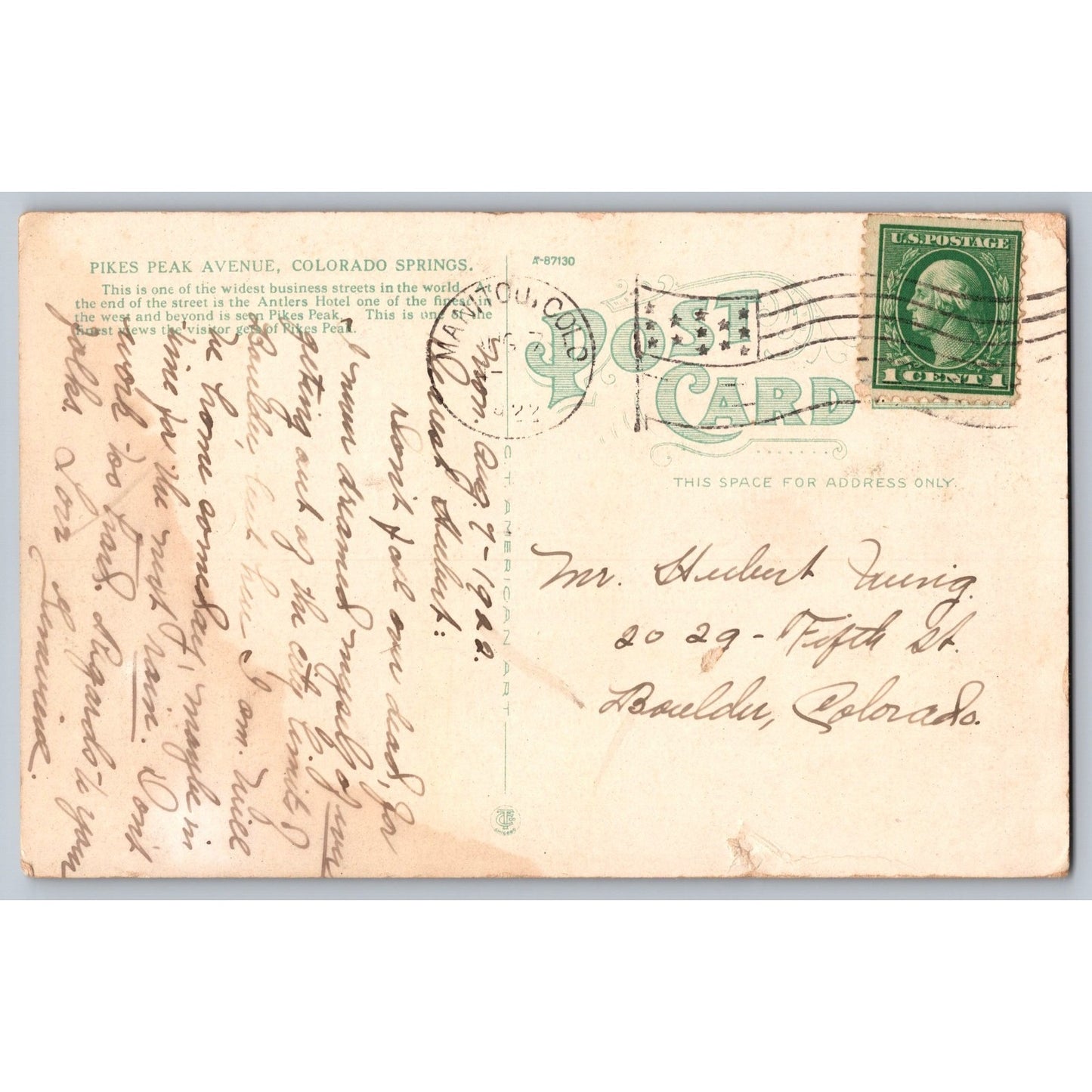 Colorado Springs CO Pike's Peak Ave 1922 White Border Postcard Used