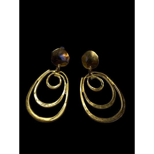 Vintage Large Statement Gold-Tone Oval Dangle Clip-On Earrings