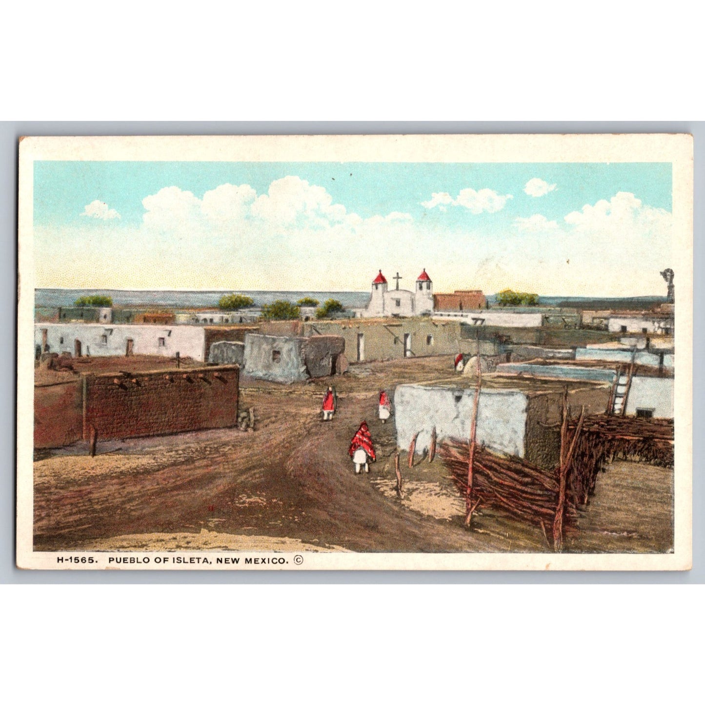 Pueblo Of Isleta NM New Mexico White Borer Postcard Unused Fred Harvey