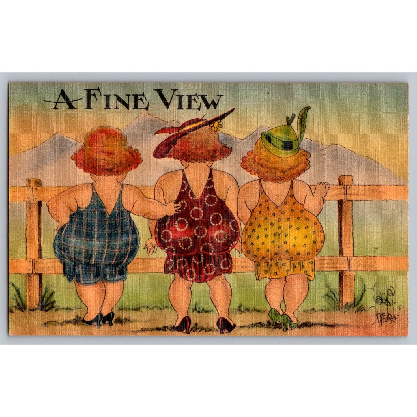 Comic Postcard A Fine View Three Women Bathing Suits 1930s Linen Unused