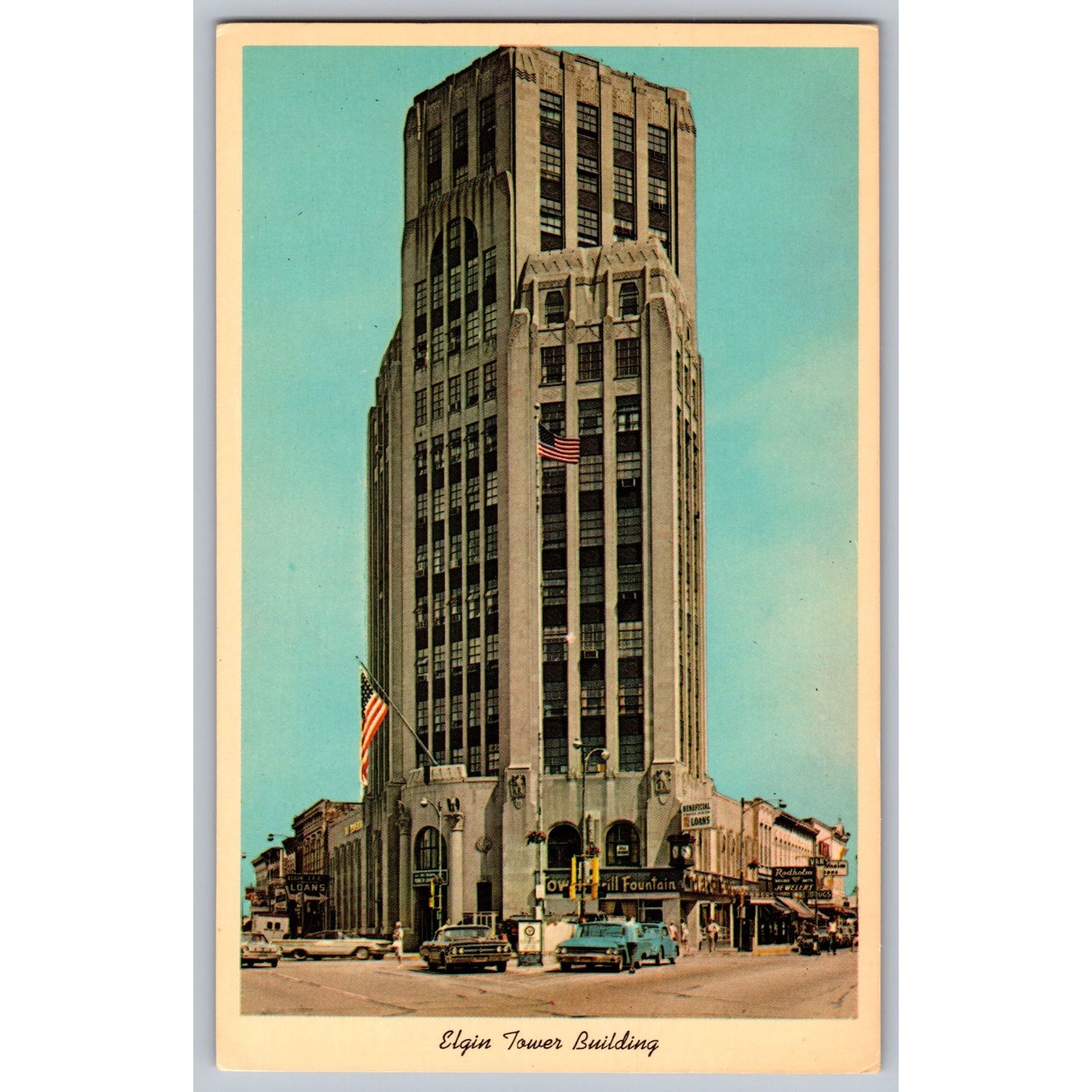 Elgin IL Illinois Elgin Tower Building Chrome Postcard Unused J ODell Printing