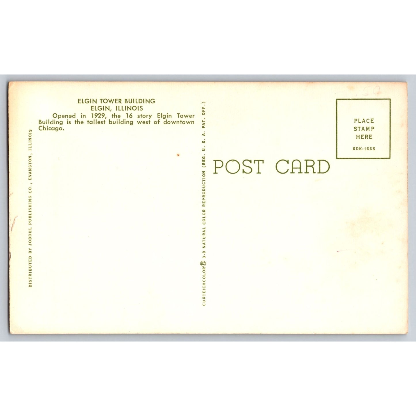 Elgin IL Illinois Elgin Tower Building Chrome Postcard Unused J ODell Printing