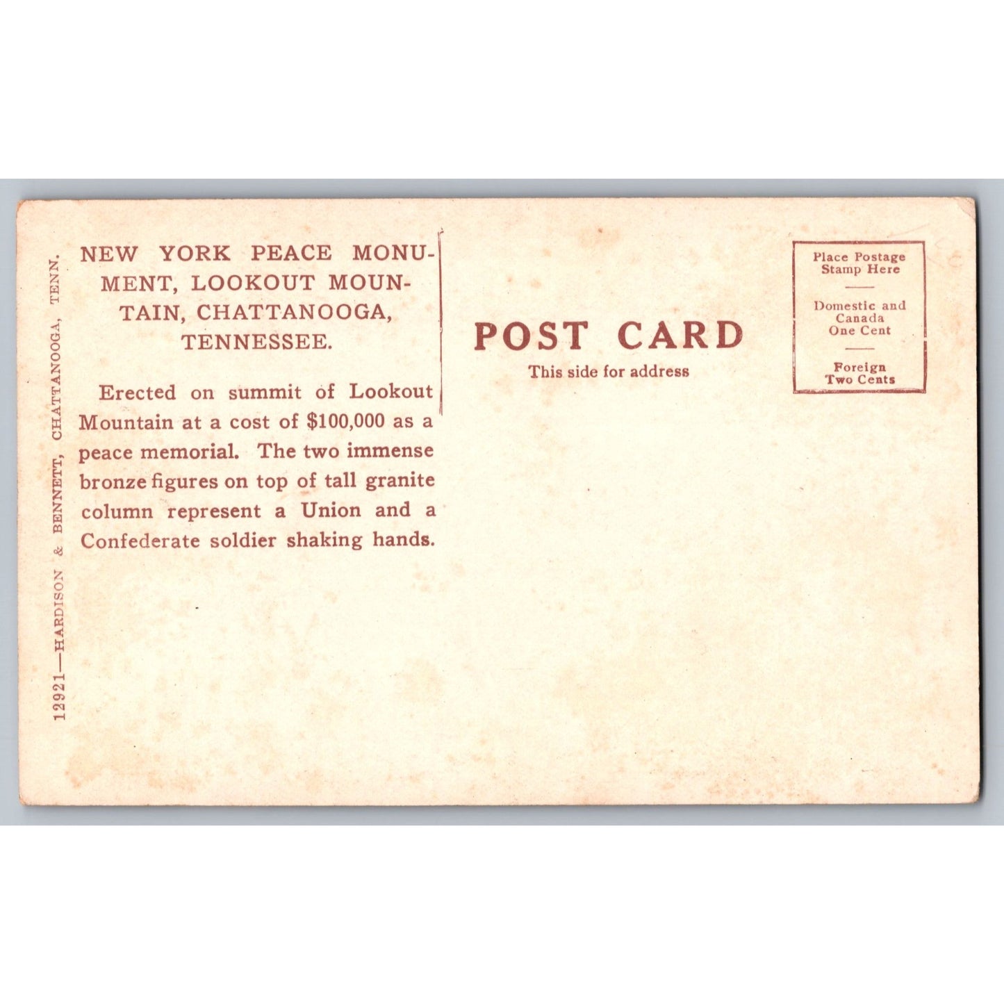 Chattanooga TN Tennessee Lookout Mountain New York Peace Monument Postcard