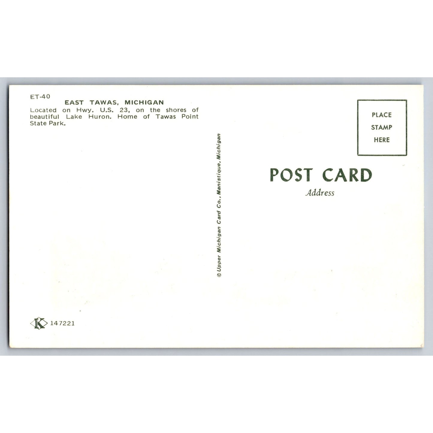 East Tawas MI Michigan Postcard Hwy 23 Tawas Point State Park Lake Huron Unused