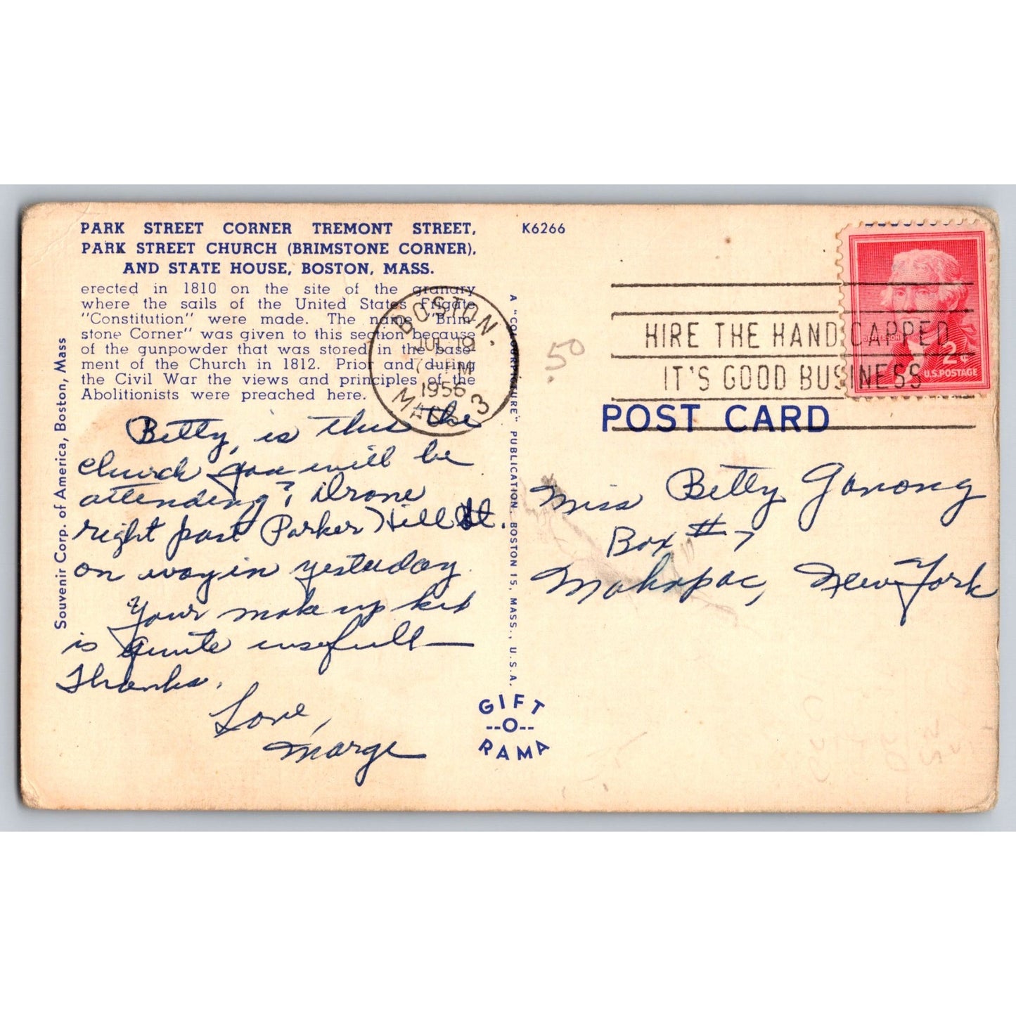 Boston MA Massachusetts Park Street Church State House 1956 Linen Postcard Used