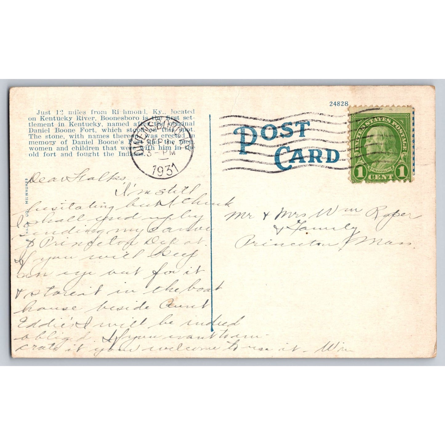 Boonesboro KY Kentucky Daniel Boone Tablet Memorial 1935 White Border Postcard
