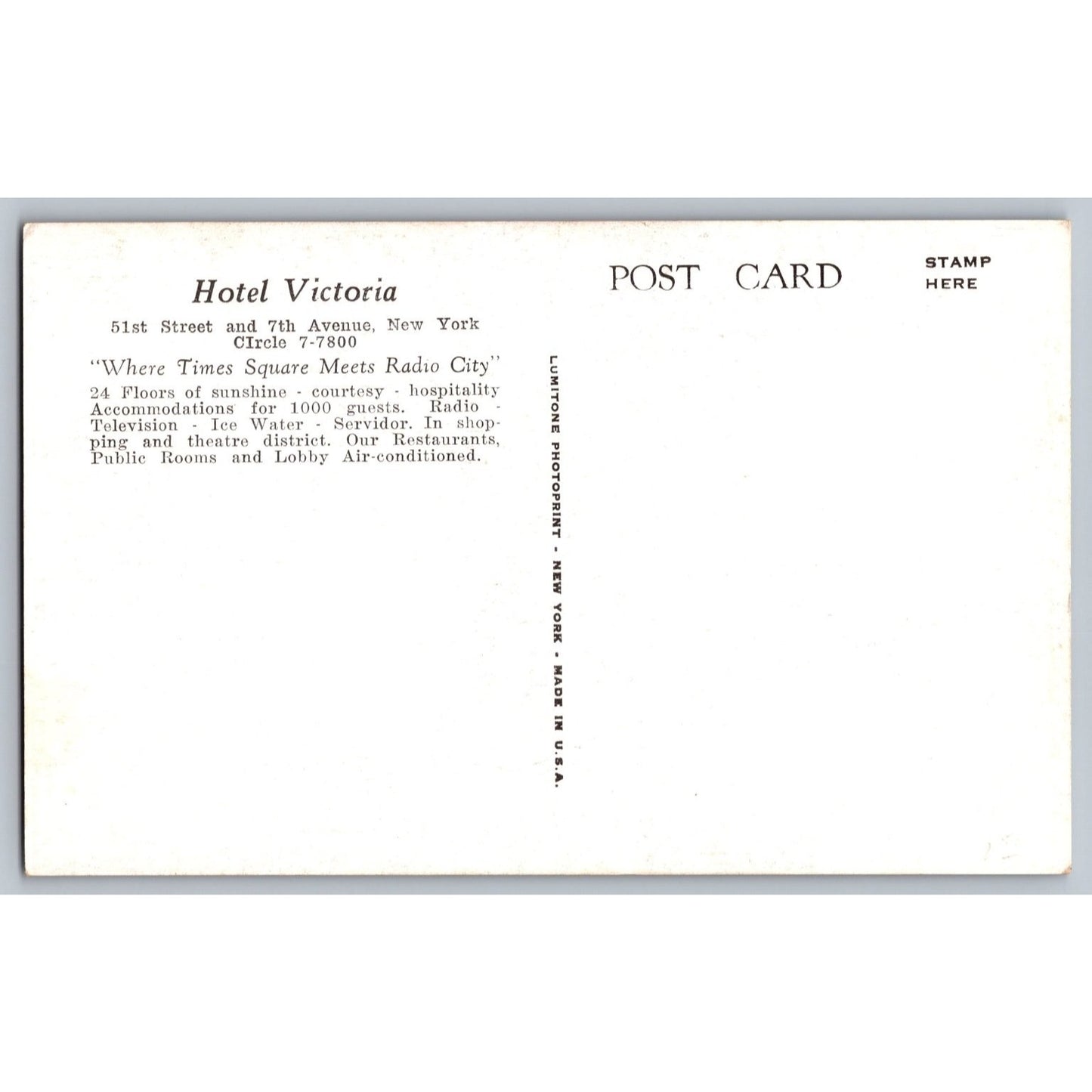 New York City NY Hotel Victoria Times Square Radio City Divided Back Postcard