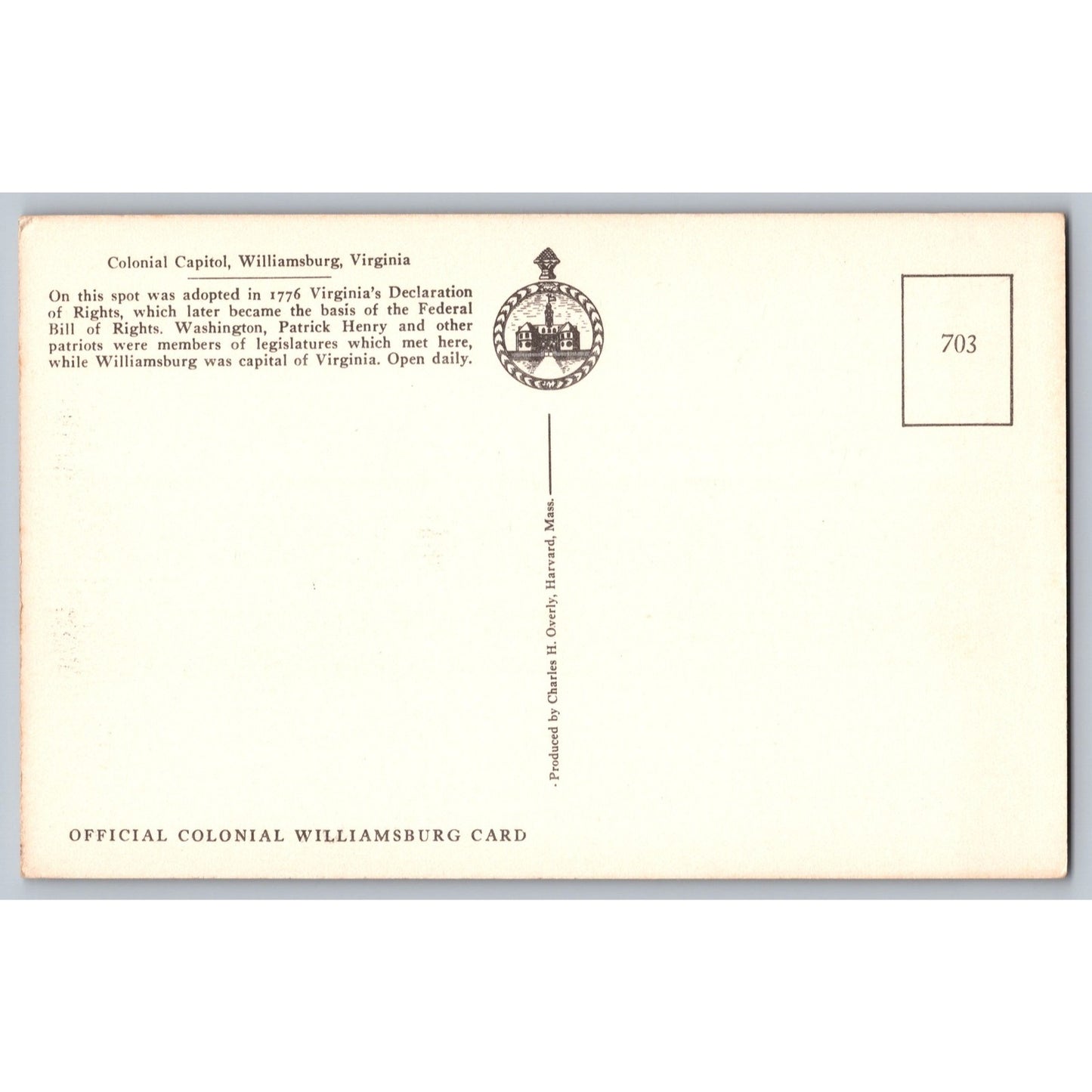 Williamsburg VA Virginia Colonial Capitol Illustrated Postcard Unused Overly