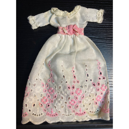 Barbie Fashion Doll Size Vintage Handmade Dress Eyelet White Lace Pink Floral