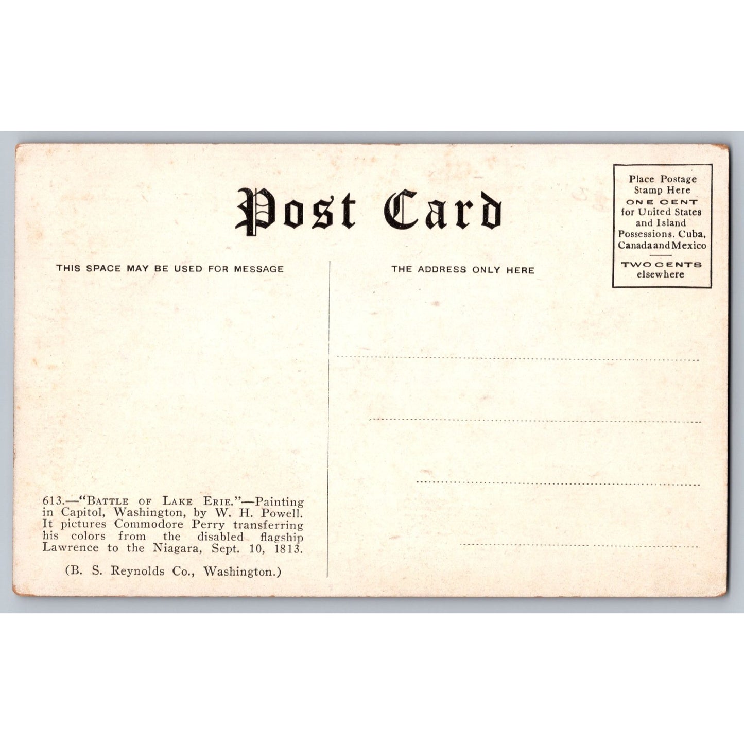 Washington DC Battle Of Lake Erie Commodore Perry Divided Back Postcard
