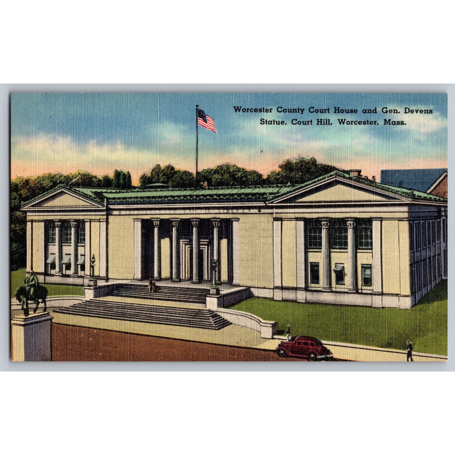 Worcester MA Massachusetts County Court House Gen Devens Statue Postcard