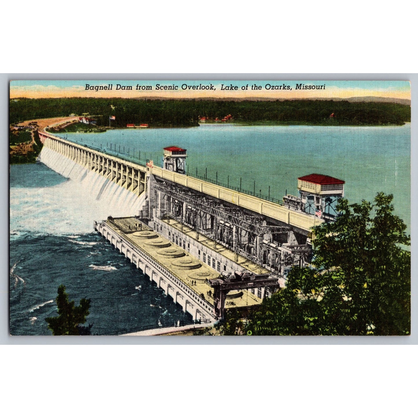 Lake of the Ozarks MO Missouri Bagnell Dam Scenic Overlook Linen Postcard Unused