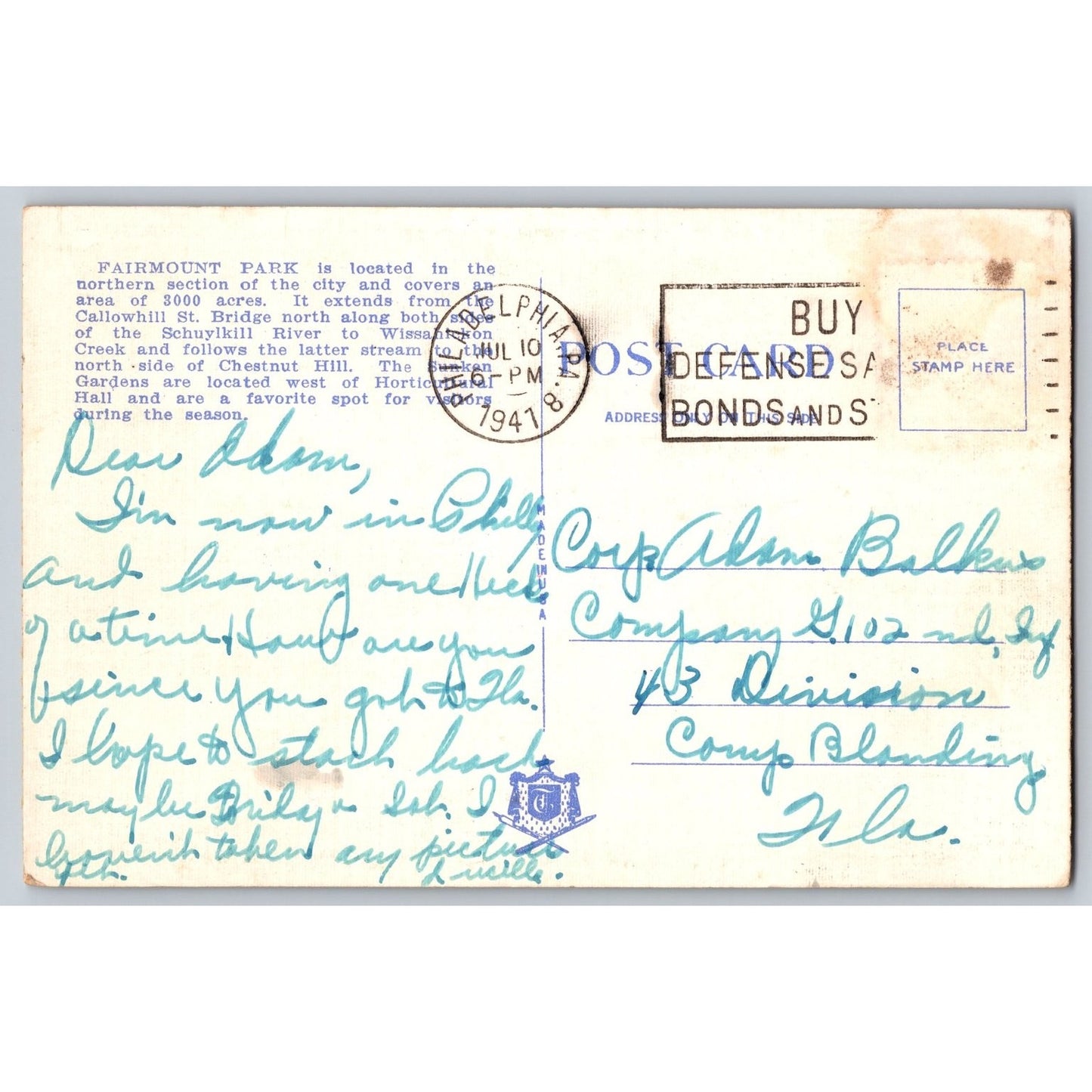 Philadelphia PA Pennsylvania Valley Green Hotel Fairmount Park 1941Postcard Used