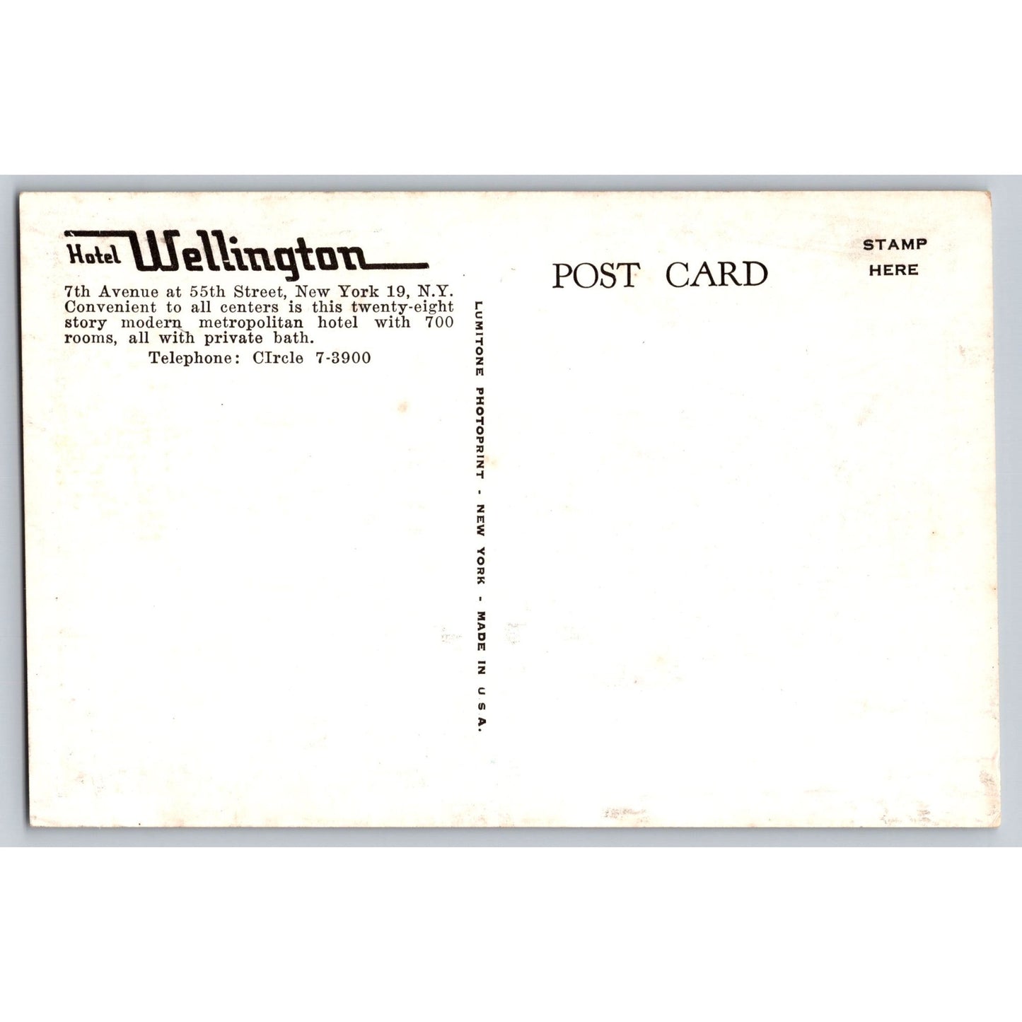 New York City NY Lumitone Hotel Wellington 7th Avenue 1930s Postcard