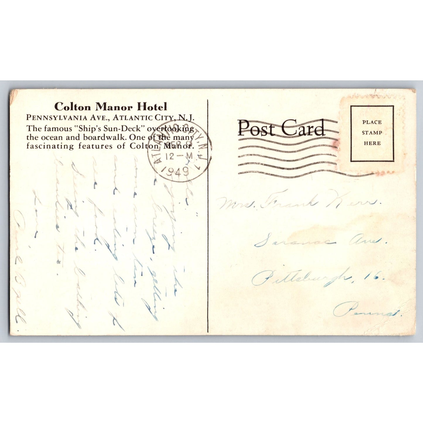Atlantic City NJ New Jersey Colton Manor Hotel Ships Sun-Deck 1949 Postcard