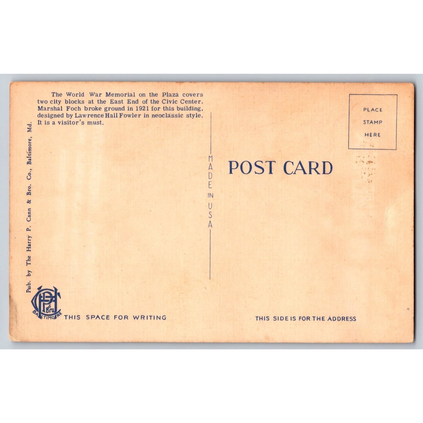 Baltimore MD Maryland War Memorial Plaza White Border Postcard Harry P Cann