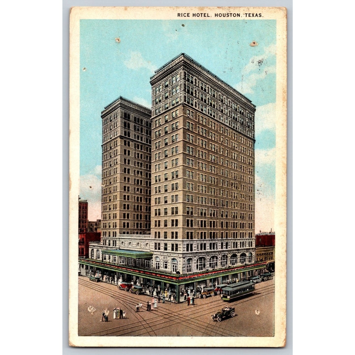 Houston TX Texas Rice Hotel 1928 White Border Postcard Used Historic Landmark
