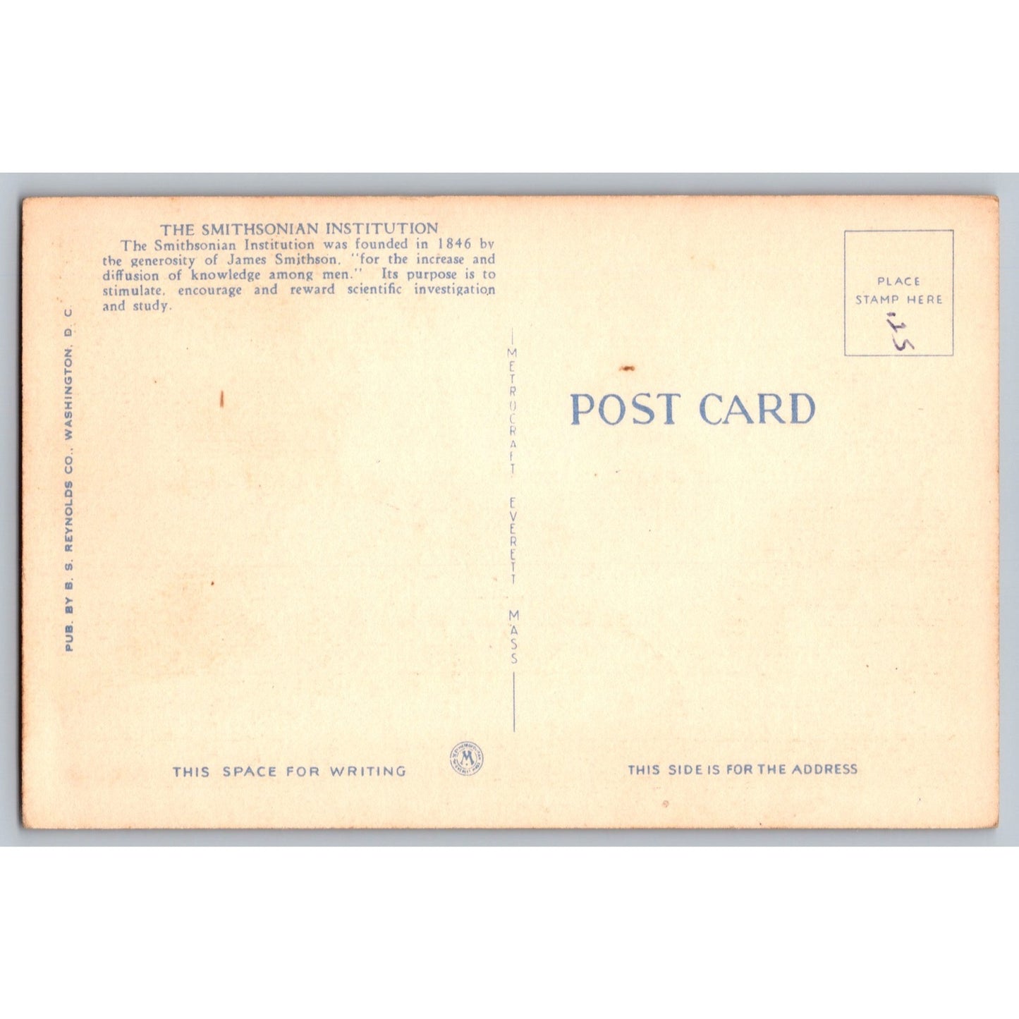 Washington DC Smithsonian Institution White Border Postcard Unused B S Reynolds