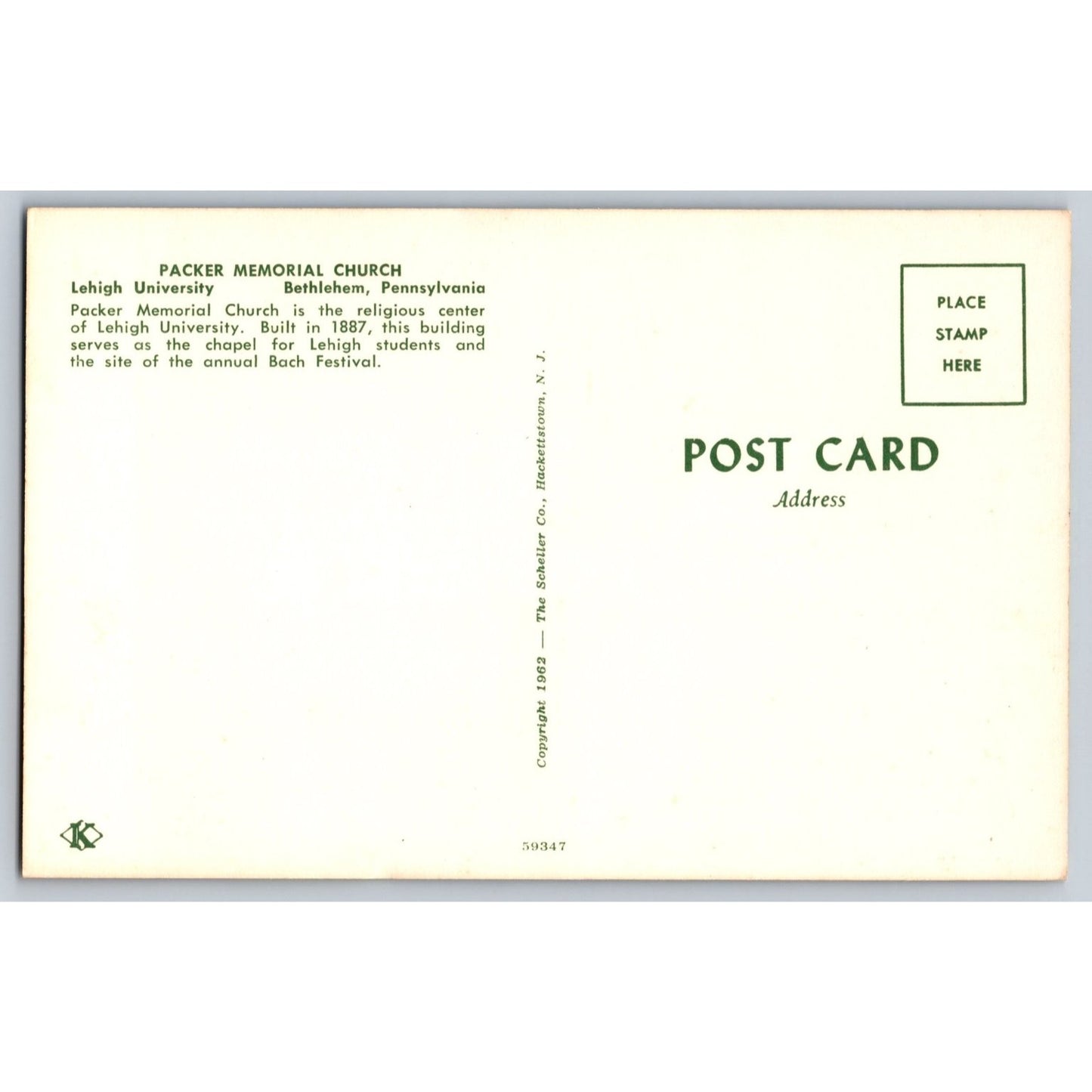 Bethlehem PA Pennsylvania Lehigh University Packer Memorial Church 1962 Postcard