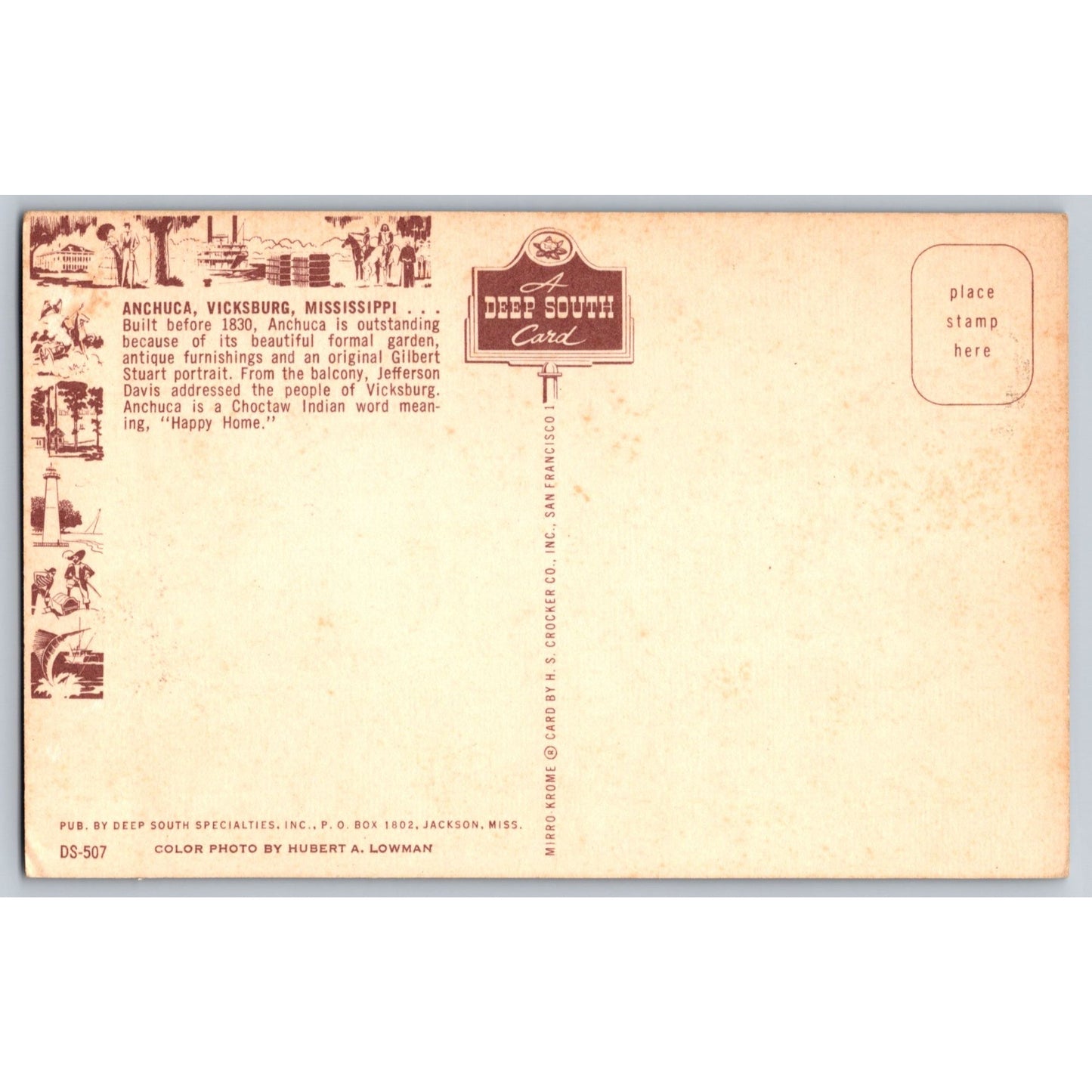 Vicksburg MS Mississippi Anchuca Mansion Postcard Hubert A Lowman Deep South