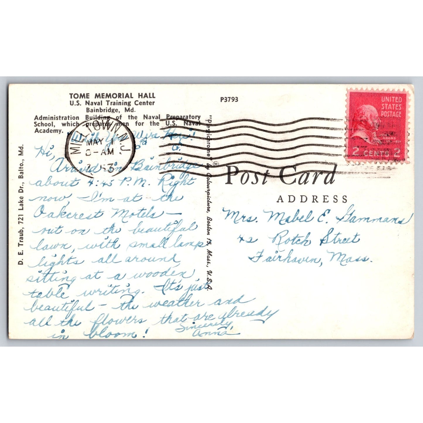 Bainbridge MD Maryland U.S. Naval Training Center Tome Mem Hall 1950s Postcard