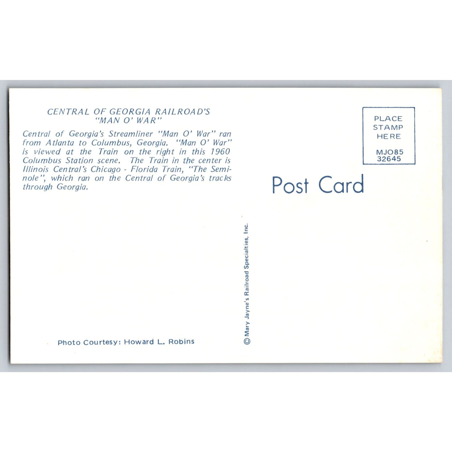 Columbus GA Central Of Georgia Railroad Man O War Train Station 1960 Postcard