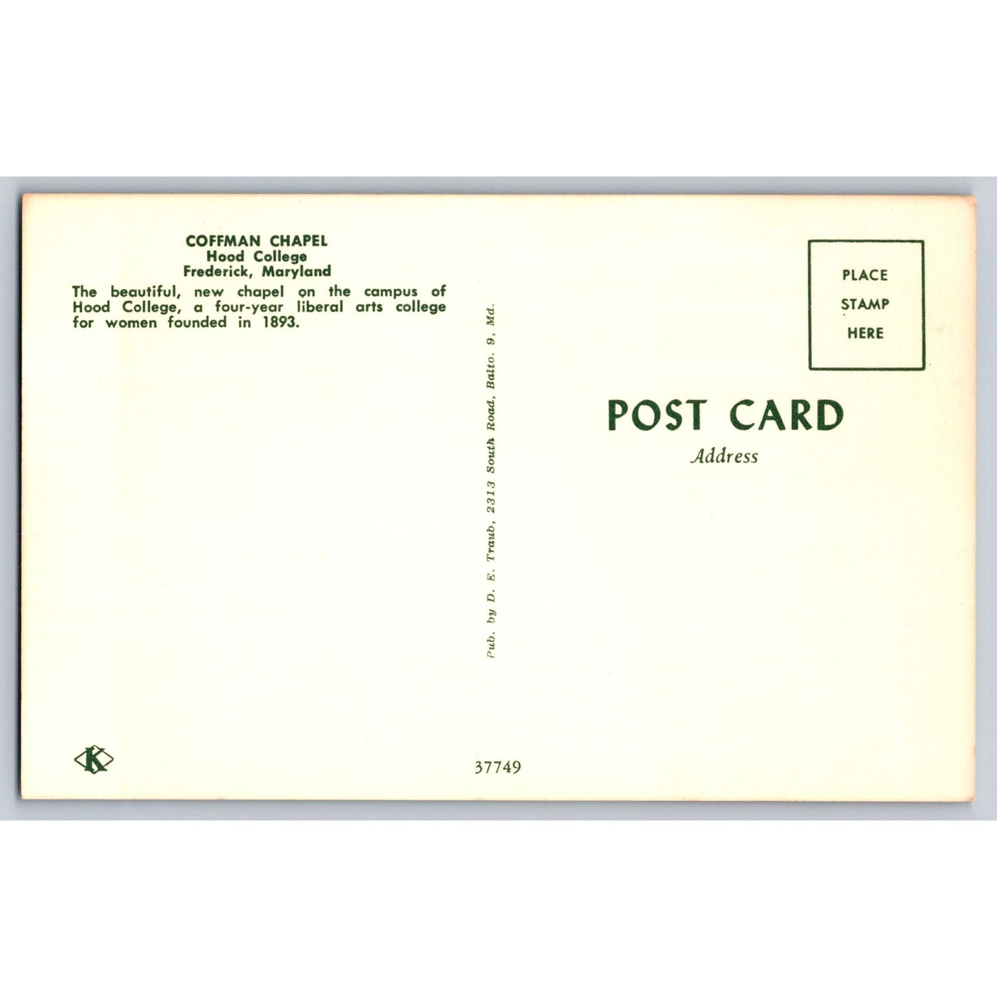 Frederick MD Maryland Hood College Coffman Chapel Chrome Postcard Unposted