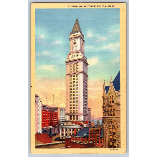 Boston MA Massachusetts Custom House Tower 1930s Linen Postcard Unused
