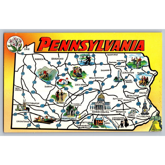 Vintage PA Pennsylvania Illustrated Map Postcard by Colourpicture Publishers