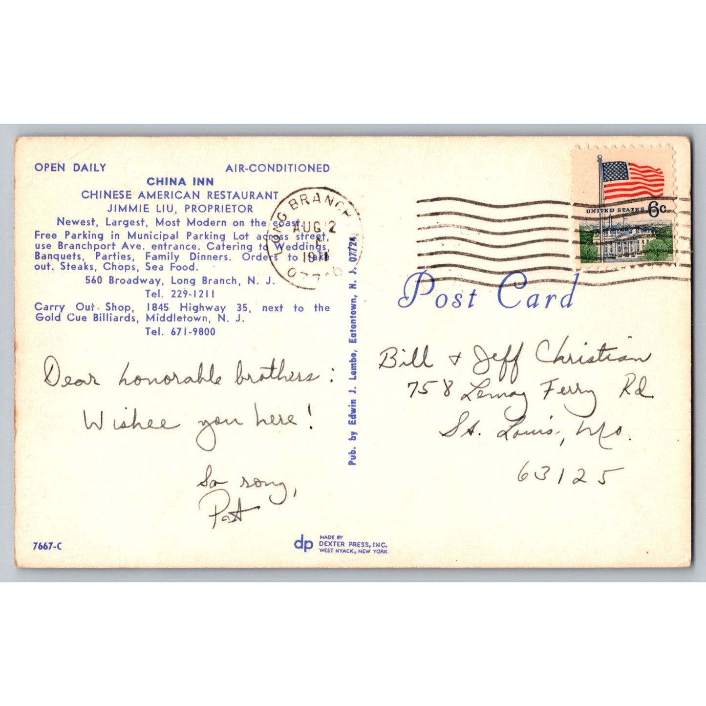 Middleton NJ New Jersey China Inn Restaurant Long Branch Chrome Postcard Used