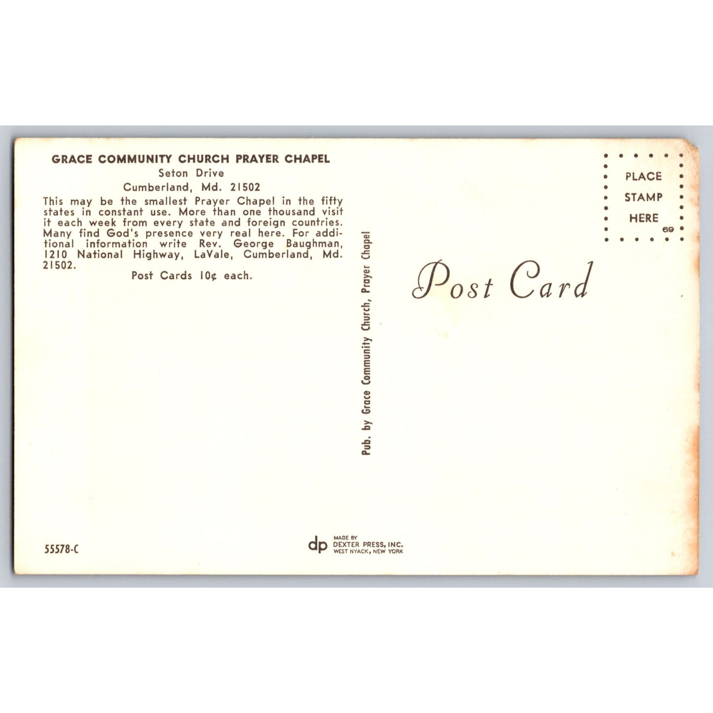 Cumberland MD Maryland Grace Community Church Prayer Chapel Postcard Dexter