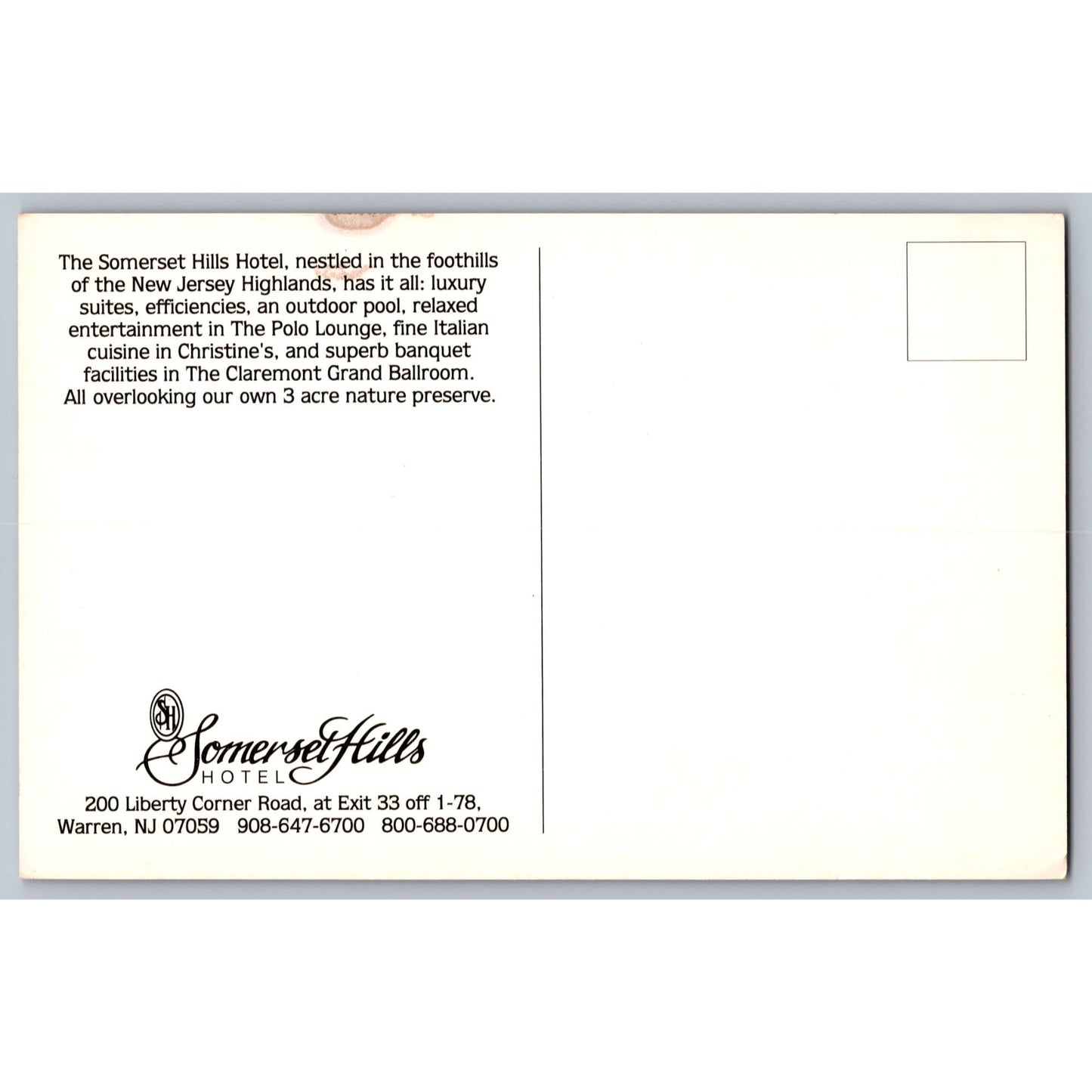 Somerset NJ New Jersey Somerset Hills Hotel Chrome Postcard Unused