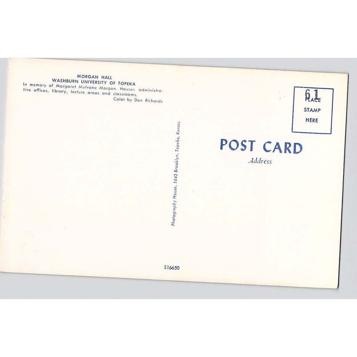 Topeka KS Kansas Washburn University Morgan Hall Chrome Postcard Unused