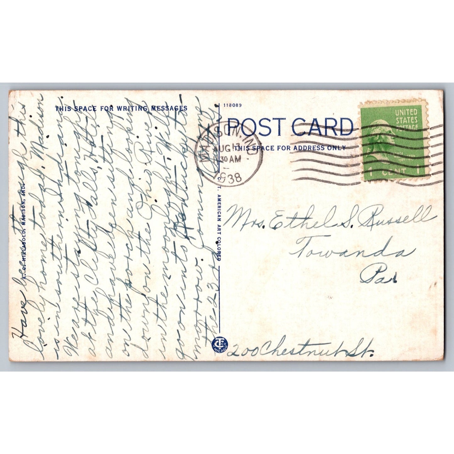 Madison IN Indiana Lanier Memorial Home 1938 Divided Back Postcard Used