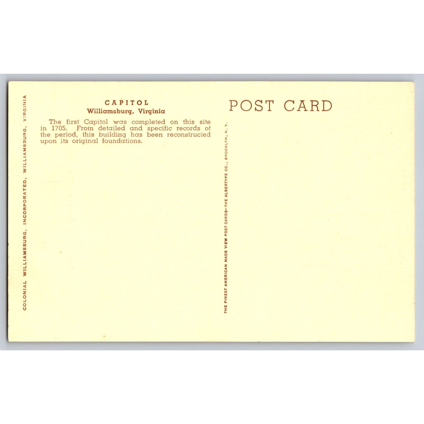 Williamsburg VA Virginia Capitol Sepia Architecture Postcard Unused