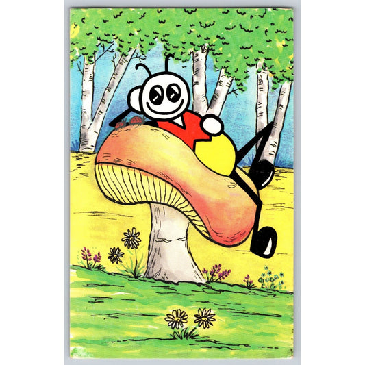 Comic Postcard Awana Clubs Original Cartoon Bug on Mushroom 1987 Illustrated