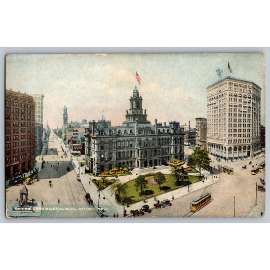 Detroit MI Michigan City Hall & Majestic Bldg 1910s Divided Back Postcard Unused