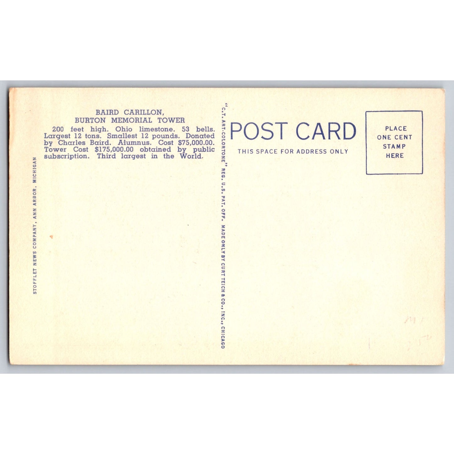 Ann Arbor MI Michigan Baird Carillon Burton Memorial Tower White Border Postcard