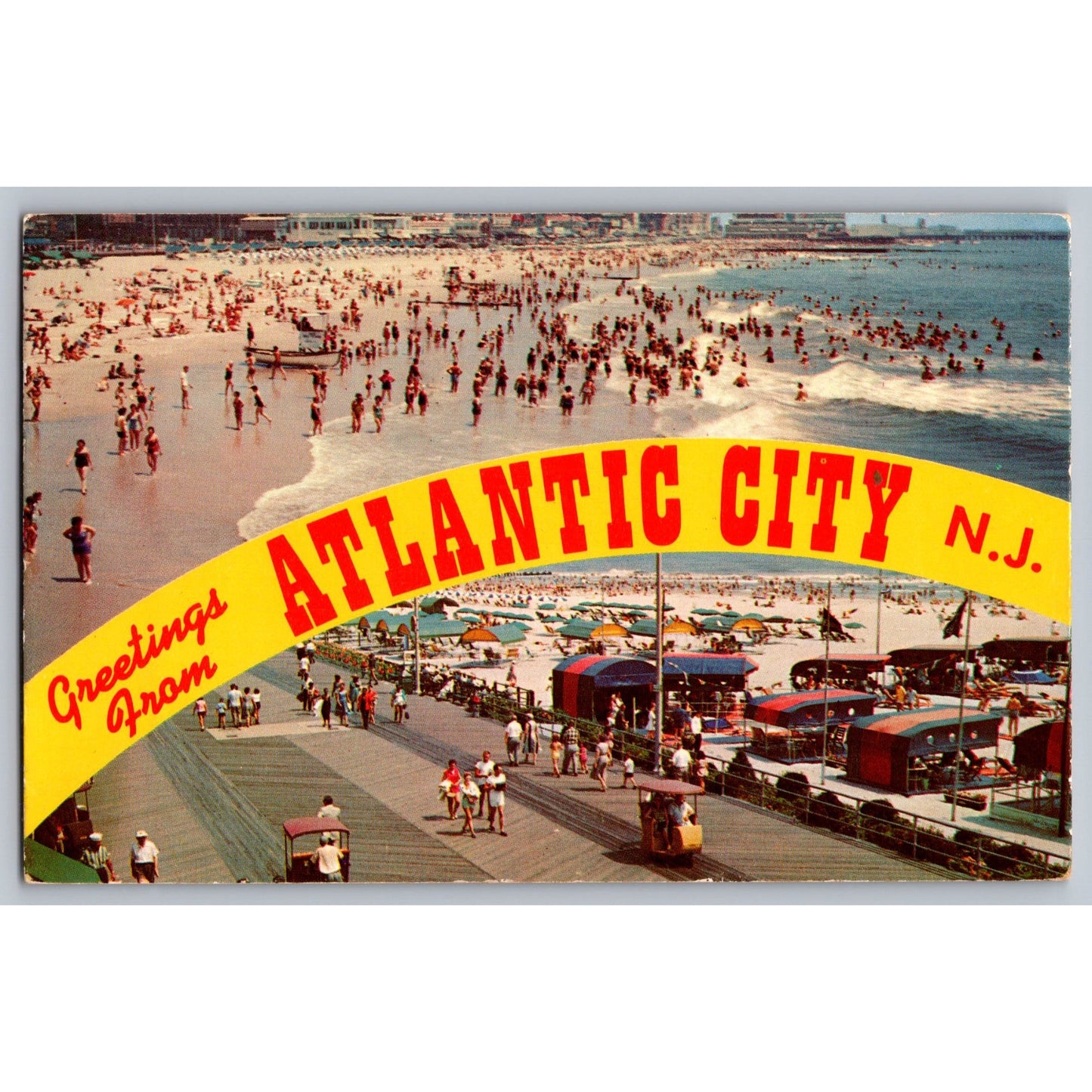 Atlantic City NJ New Jersey Boardwalk & Beach Scene Greetings Postcard 1959