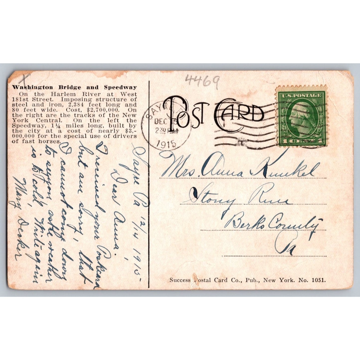 New York City NY Washington Bridge Speedway 1915 Divided Back Postcard Used