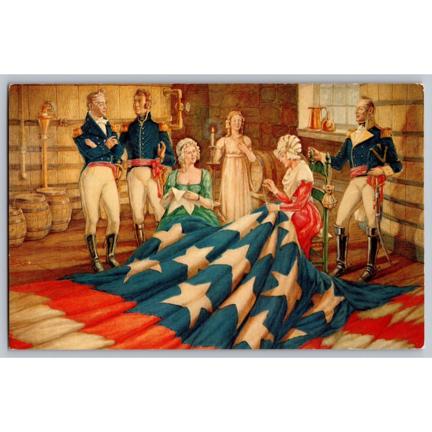 American Flag Placing The Stars Postcard HS Crocker Co 1964 Sesquicentennial