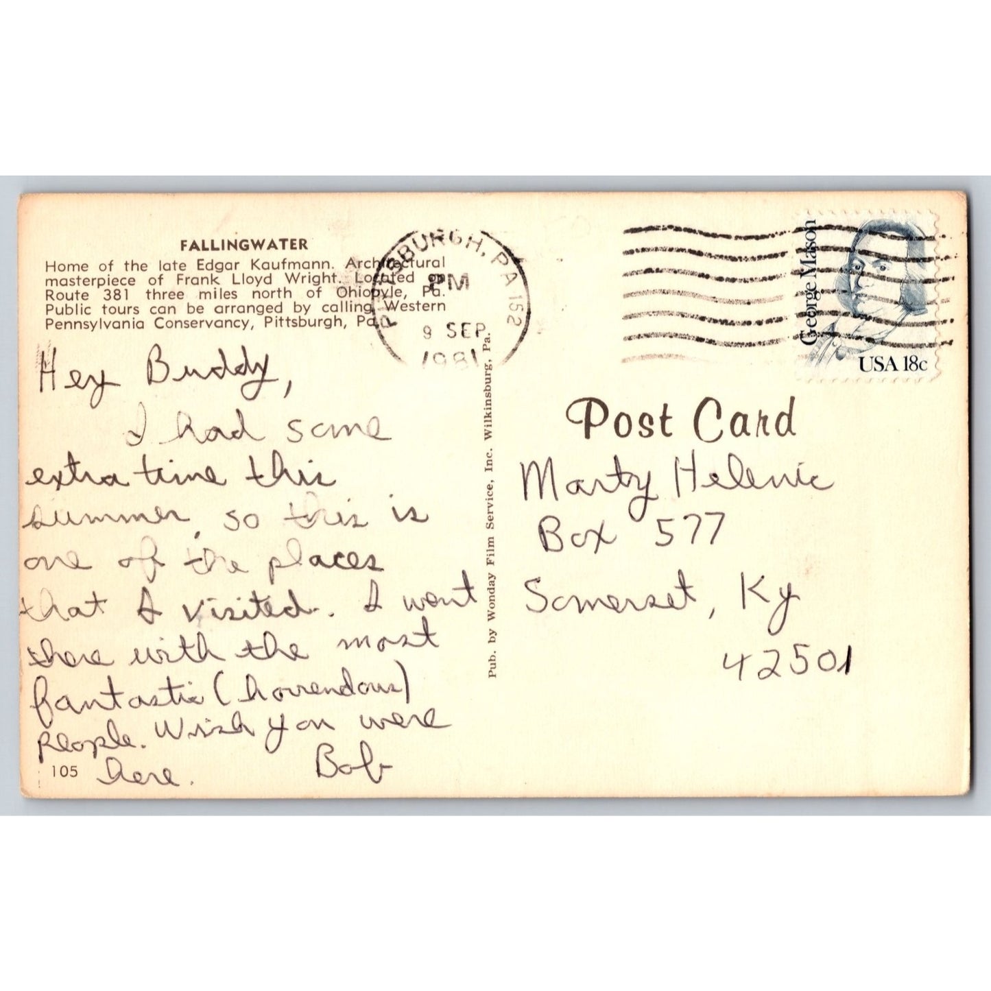 Ohiopyle PA Pennsylvania Fallingwater House Frank Lloyd Wright 1981 Postcard
